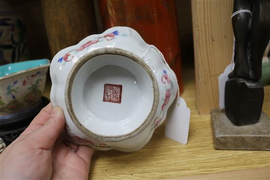 Two Chinese famille rose dishes, a figure of a boy, a porcelain brush pot and a bamboo brush pot tallest 28cm